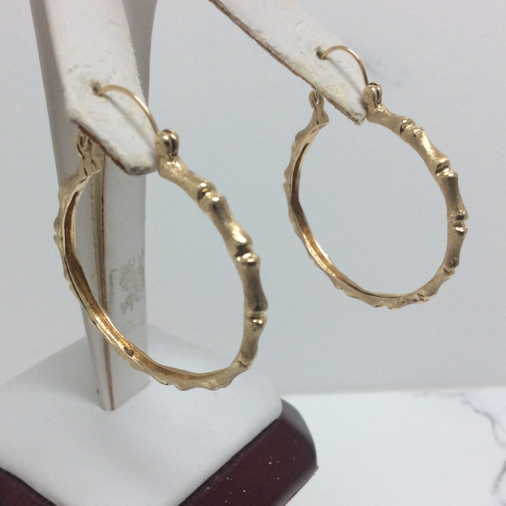 14k Yellow Real Solid Gold Bamboo Hoop Earrings 1 1/4'' 5.20 Grams
